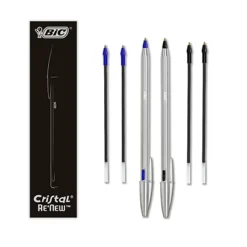BIC Cristal Re'New Kit 2 Penne A Sfera + 4 Refill, Fusto In Metallo, Colore Blu E Nero