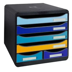 EXACOMPTA Cassettiera A 6 Cassetti Aperti Big-Box Maxi, Linea Bee Blue, Struttura Nera, Cassetti Colori Assortiti