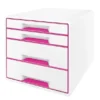 Leitz WOW Dual Color CUBE Cassettiera Da Scrivania, 4 Cassetti, A4 Maxi, 287 X 270 X 363 Mm, Bianco E Fucsia Metallizzato