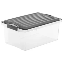 ROTHO Stackbox Contenitore Archivio Componibile, Polipropilene, Coperchio Removibile, Trasparente E Grigio, 395 X 275 X 180 Mm, 13 L