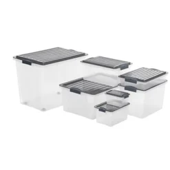 ROTHO Stackbox Contenitore Multiuso Componibile, Polipropilene, Coperchio Rimovibile, Trasparente E Grigio, 570 X 435 X 395 Mm, 70 L